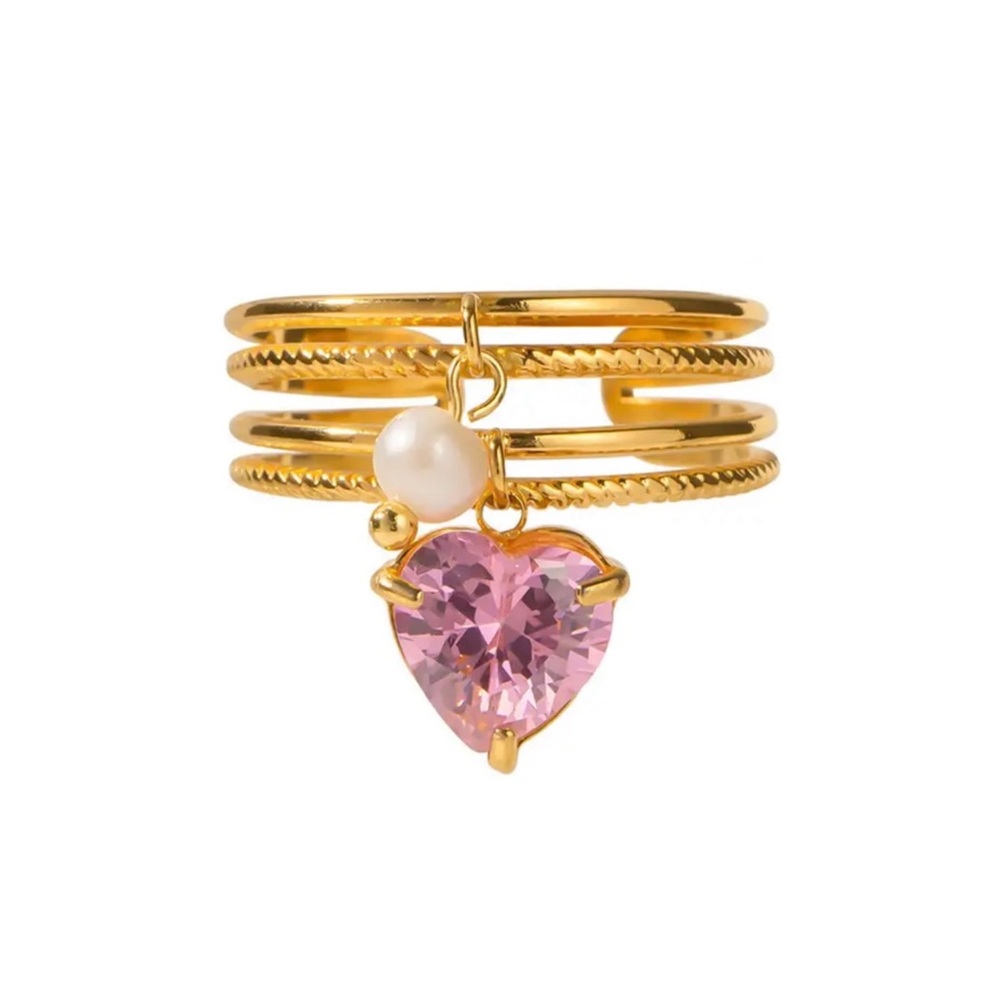 Pink Cz Heart Charm Ring Stainless Steel
